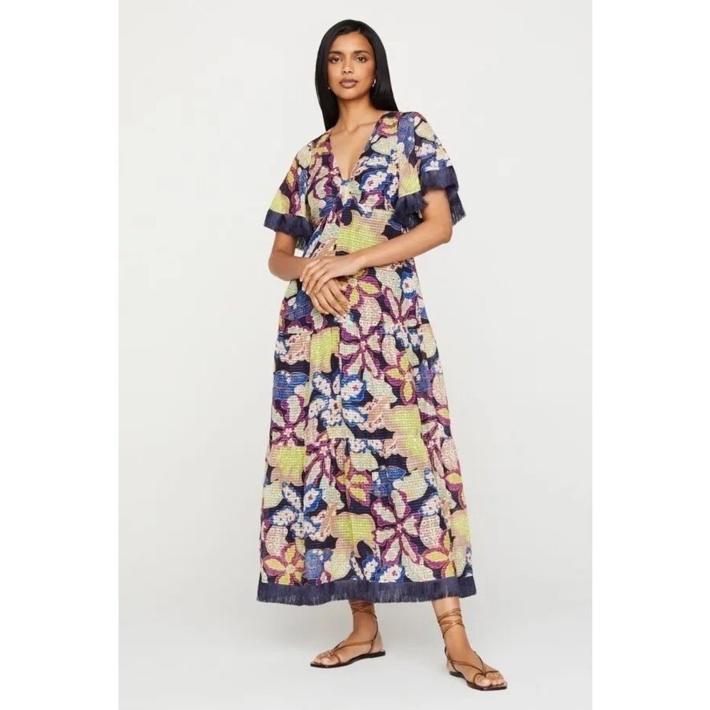 Marie Oliver‎ Floral Midi Dress with Fringe Detail, Linen-Viscose Blend
